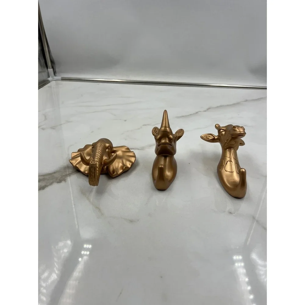 Safari Animal Wall Hooks Set of 3 Gold Plastic Elephant Rhino Giraffe Decor